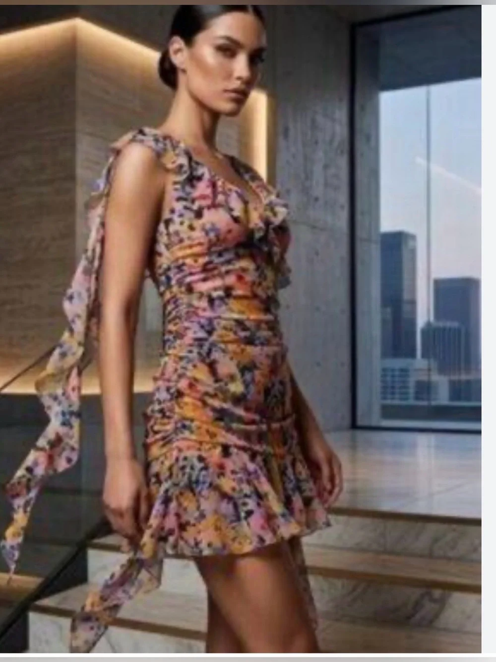 Zara Floral Ruched Asymmetrical Mini Dress Size Medium - Picture 3 of 9
